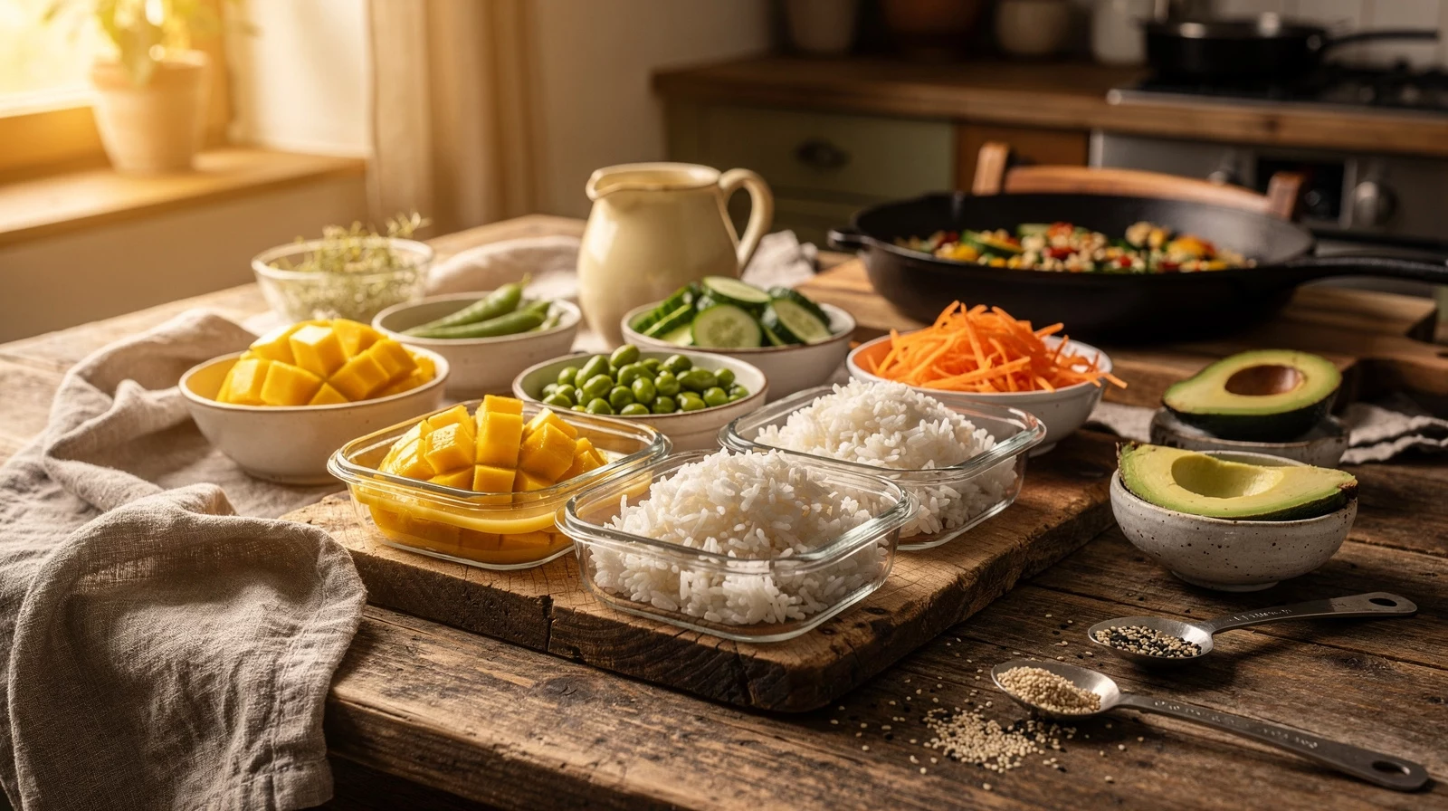 Vegane Poke Bowl mit Mango und Edamame: In 20 Minuten für die ganze Woche vorbereitet 2 Vegane Poke Bowl mit Mango und Edamame: In 20 Minuten für die ganze Woche vorbereitet